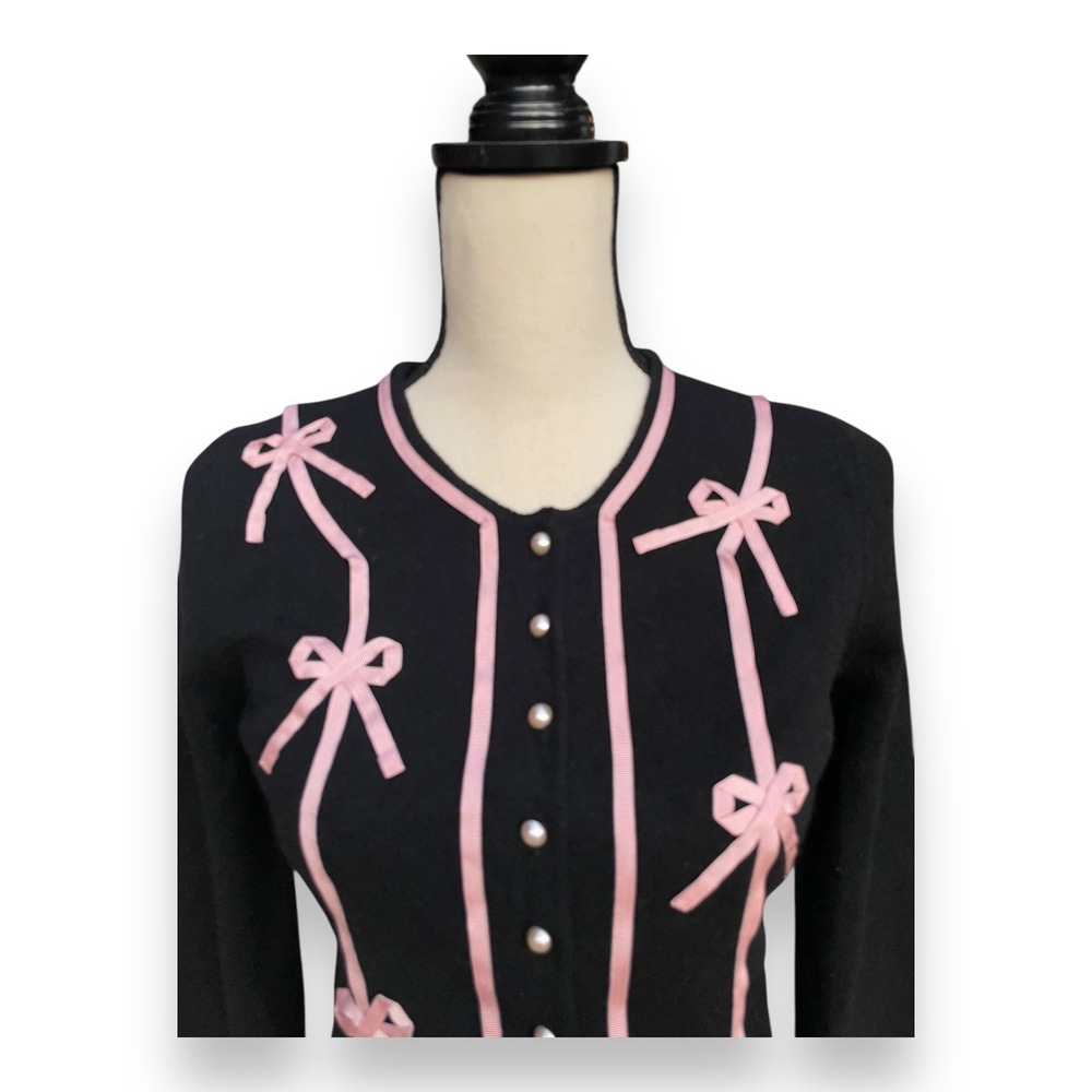 ASO Blair Waldorf Milly Cashmere Cardigan Black Pink Ribbon Sz S Gossip Girl Y2K
